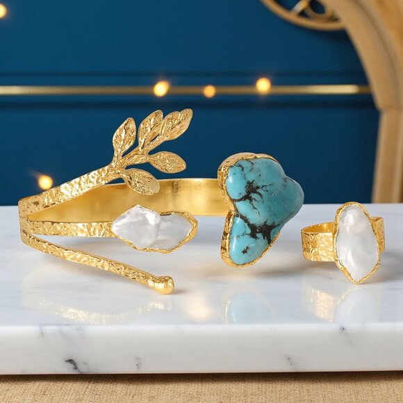 NKULTD Jewelry - Boho Artisan Jewelry Set 18K Gold Plated Genuine Turquoise Baroque‎ Pearls